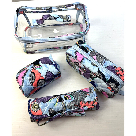 Vera Bradley Makeup Cases 4 Pc Set Blue Butterflies Brush Roll Zip Pouch Travel - Picture 1 of 9